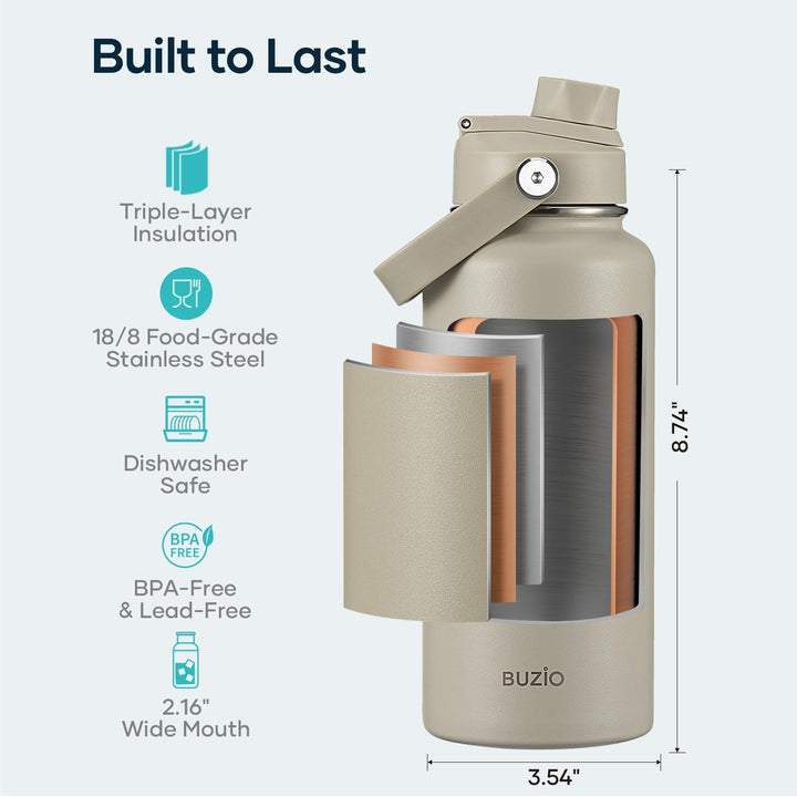 BUZIO 1L Edelstahl Trinkflasche isoliert mit Strohhalm &amp; Ausgussdeckel | Metall-Wasserflasche hält 4