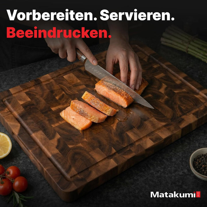 Matakumi Holzschneidebrett – Schneidebrett aus Holz aus Akazie mit Seitengriffen, Saftrille und Stir