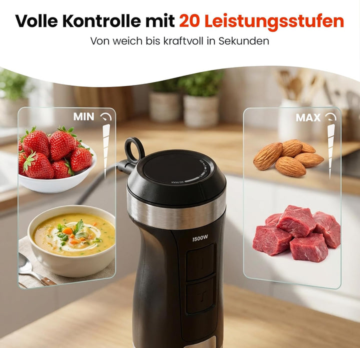 BlendFlex Stabmixer 1500W – Edelstahl Handmixer mit 20 Geschwindigkeiten & Turbo-Funktion, inkl. 600
