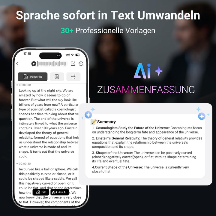 MECHEN KI Diktiergerät Digitales, 64GB Aufnahmegerät mit KI-Technologie zum Transkribieren und Zusam