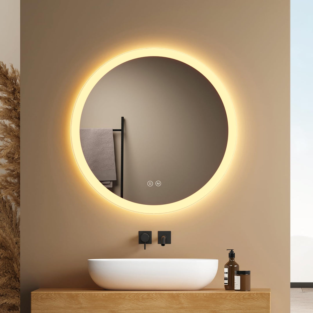 EMKE Badspiegel mit Beleuchtung Rund 50cm, Badezimmerspiegel mit dimmbarer Beleuchtung, 3 Lichtfarbe