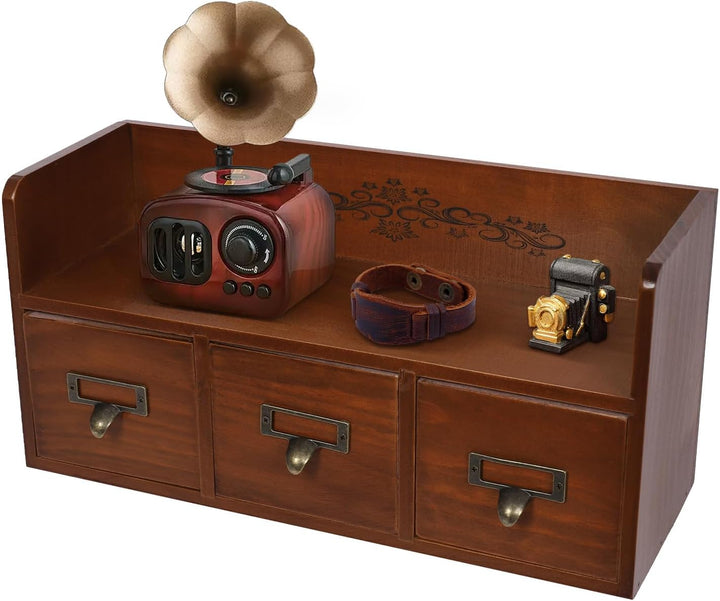 Vintage Desktop Schubladenbox Holz mit 3 Schubladen, Apothekerschrank Schmuckkästchen Holzkästchen H