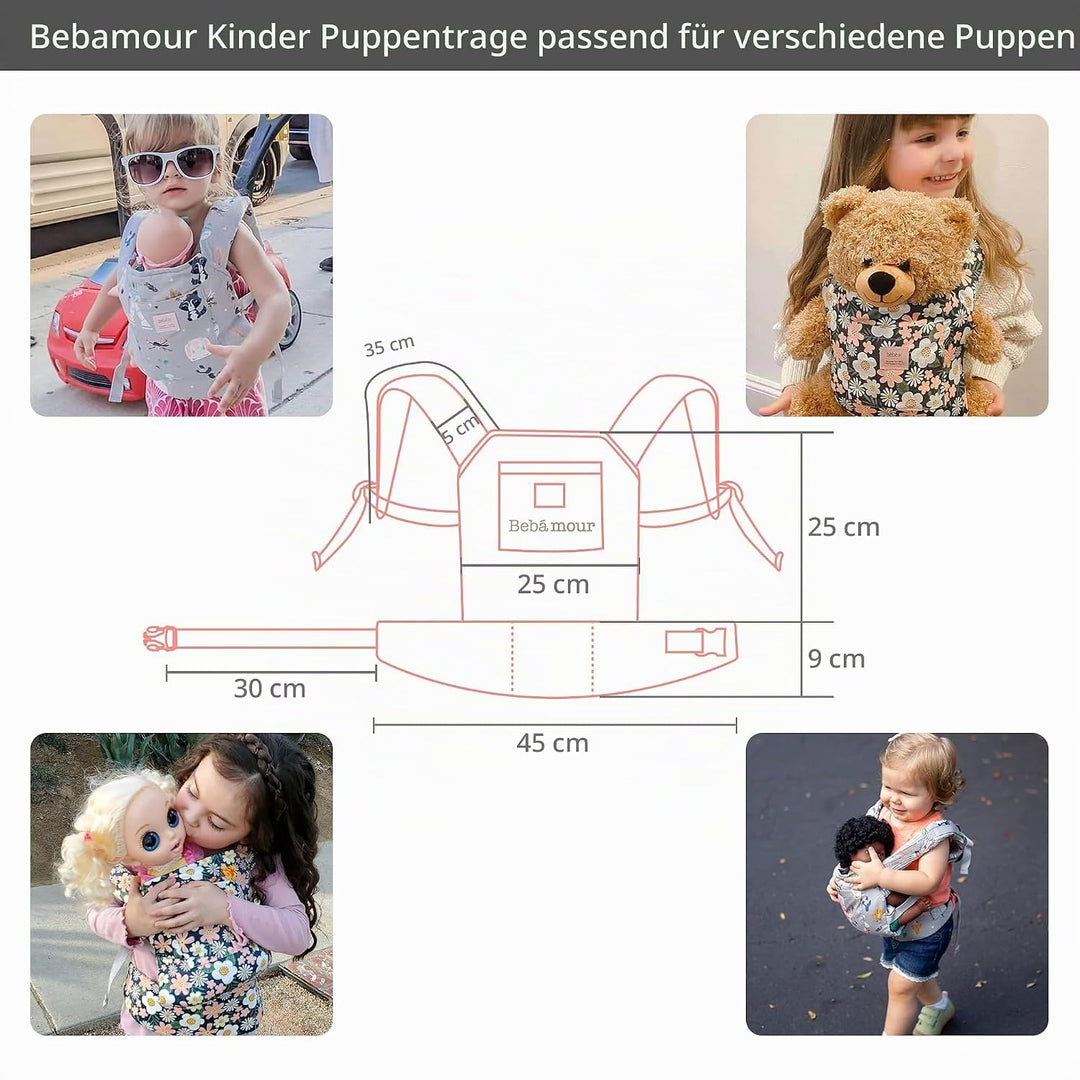 Bebamour Puppentrage für Mädchen, 3 in 1 weiches Tragetuch für Kinder, 100% Baumwolle,GreyAnimals 02