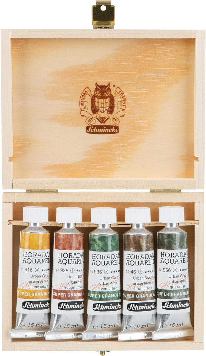 Schmincke – HORADAM® AQUARELL, Super Granulation Set Urban, 5 x 15 ml Tuben, 74 893 097, Holzkasten,