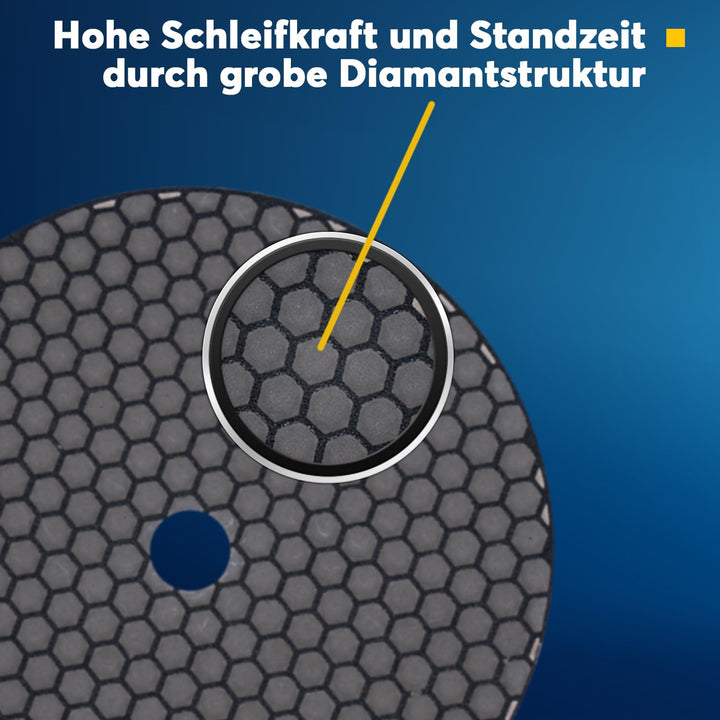 EDW Profi Diamant-Schleifpad Set, Trocken, D = 100 mm, Körnung 100 + 200 + Polierer, Klett-Aufnahmet