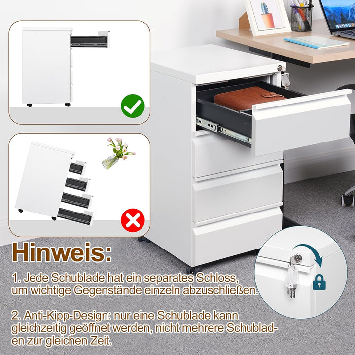 HOMSTEEL Rollcontainer, Mobiler Aktenschrank mit Schloss, 4 Schlüssel, 4 Schubladen, Büroschrank aus