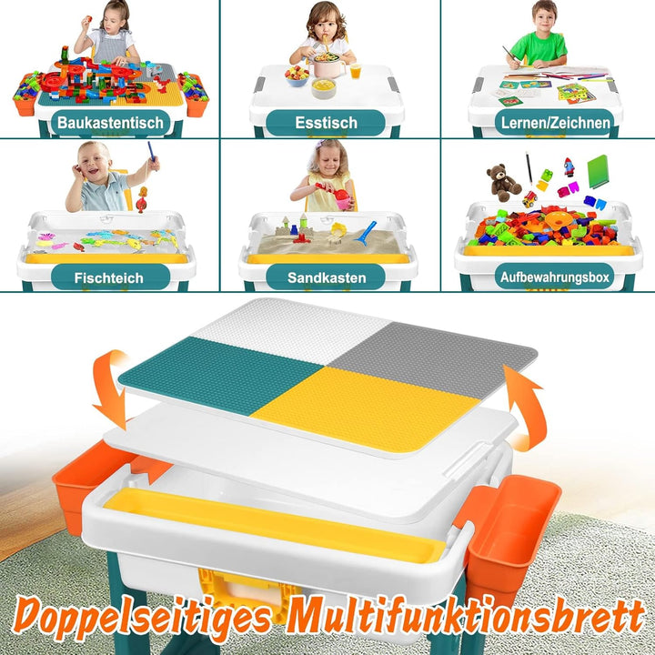5-in-1 Kindertisch mit Stühle Set Kinder Tisch Stuhl Spieltisch mit Bausteine und 2 Stühle Doppelsei