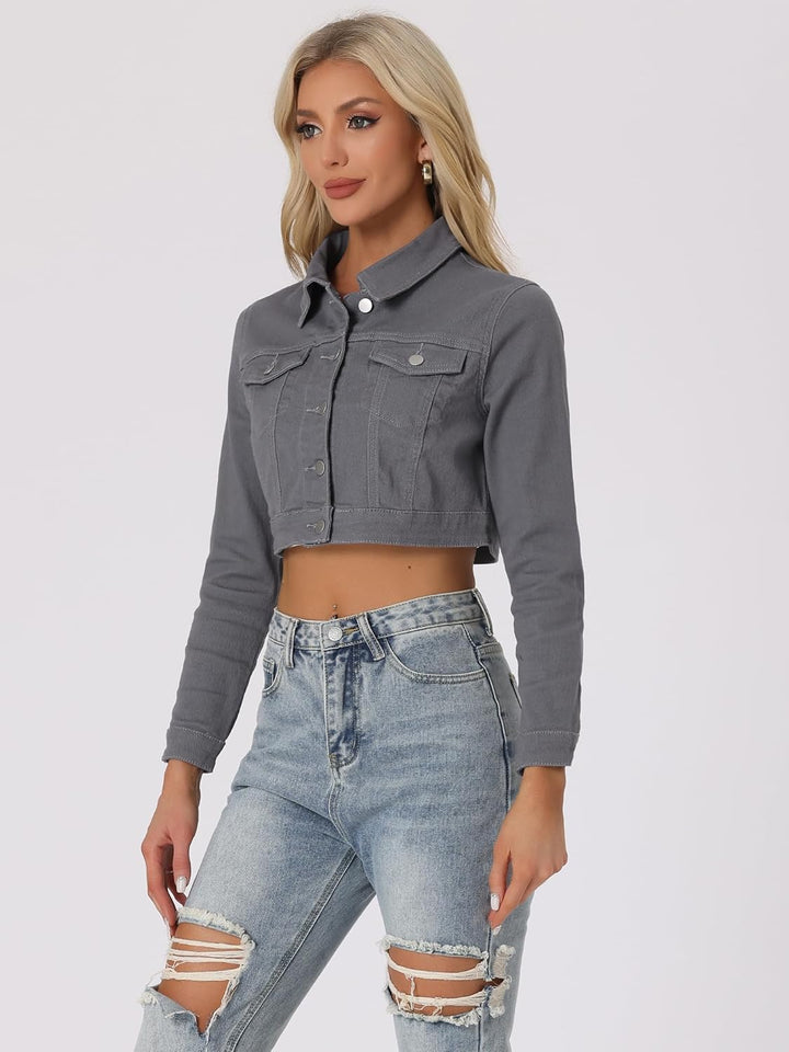 Allegra K Damen Jeansjacke Langarm Umlegekragen Knopfleiste Crop Denim Jacke M Grau, M Grau