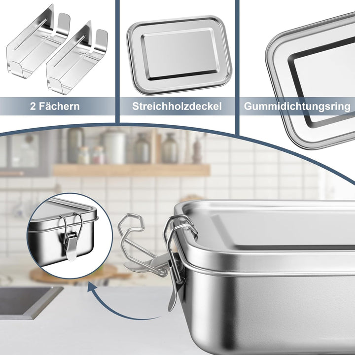 Homikit Brotdose mit Fächern, 2 Stück Edelstahl Bento Box Lunchbox für Kinder & Erwachsene, Lunch Bo