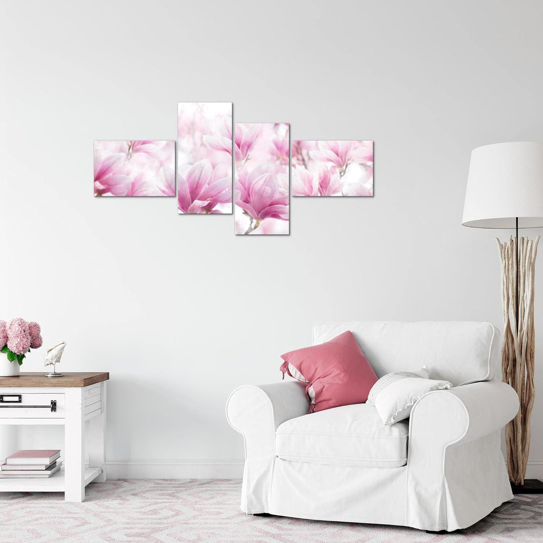 Runa Art Bild Modern Blumen Magnolien - Made in Germany - Wandbilder Blumenmotiv Rosa Weiss 4 Teilig