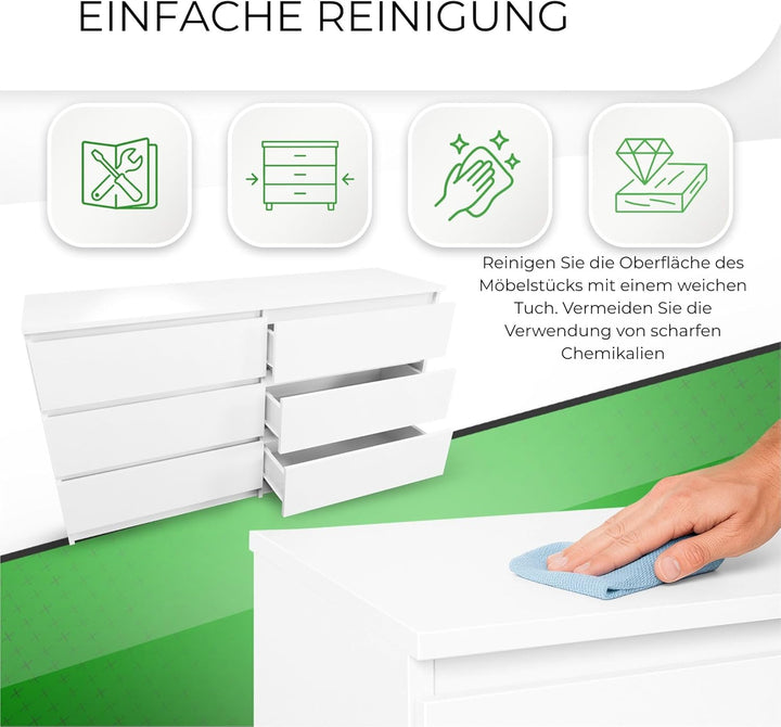 CDF Kommode Weiss mit 6 Schubladen 40 cm Tief Komodenschrank Komode für Wohnzimmer Schlafzimmer Schu