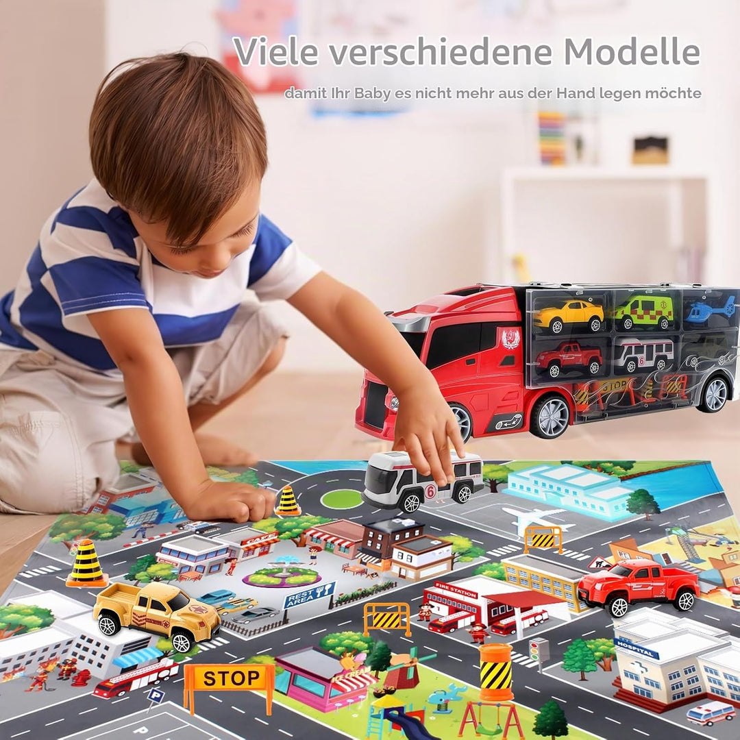 deAO Transporter-LKW-Tragetasche für Autos Spielset-Träger mit insgesamt 12 verschiedenen Fahrzeugen