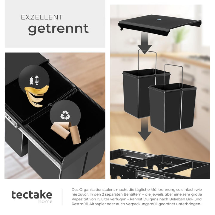 tectake® Abfallsammler, Mülleimer 2 Fächer, Mülltrennsystem Küche, für Schrank, Mülleimer Küche ausz