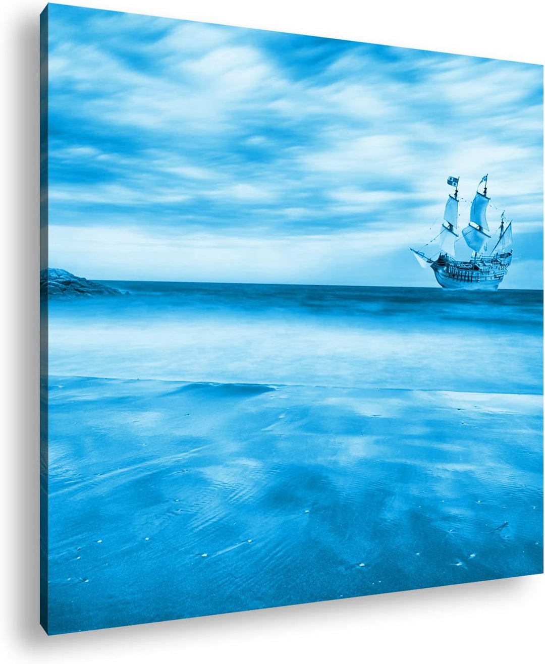 Segelschiff im blauen Meer an der Küste Format: 70x70 Effekt: Monocrome Blau als Leinwandbild, Motiv