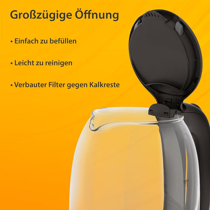 T24 LED Glas Wasserkocher 1,7 Liter mit LED-Beleuchtung in Schwarz | TÜV Rheinland GS Zertifiziert,