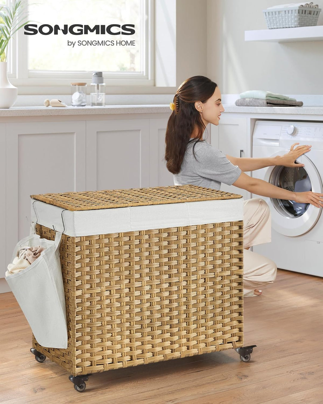 SONGMICS Wäschekorb mit Deckel, 160 L, Wäschesammler 3 Fächer, Wäschesortierer mit Rollen, in Rattan