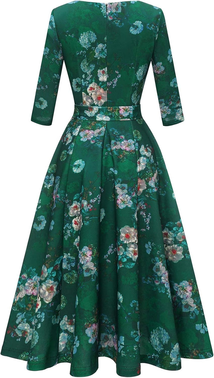 DRESSTELLS Damen Classic Cocktailkleid XXL 3/4-ärmel_grüne Blume, XXL 3/4-ärmel_grüne Blum