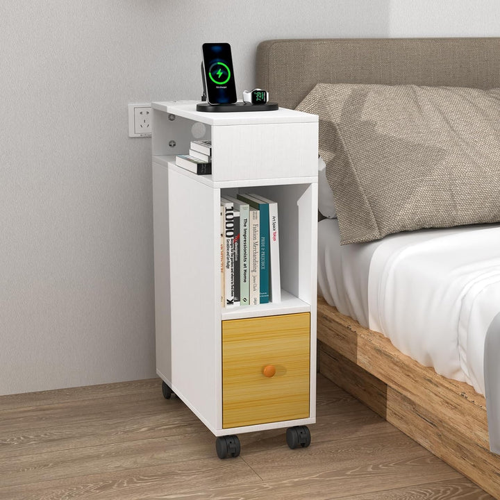 PIPIPOXER Nachttisch schmal mit Rollen, kleiner Nachttisch, Eichenfarben, mit 1 Schublade, USB-Ansch
