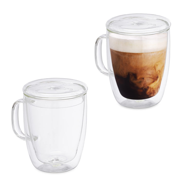 Relaxdays Doppelwandige Kaffeegläser, 2er Set, 500 ml, Teegläser mit Henkel & Deckel, Borosilikatgla