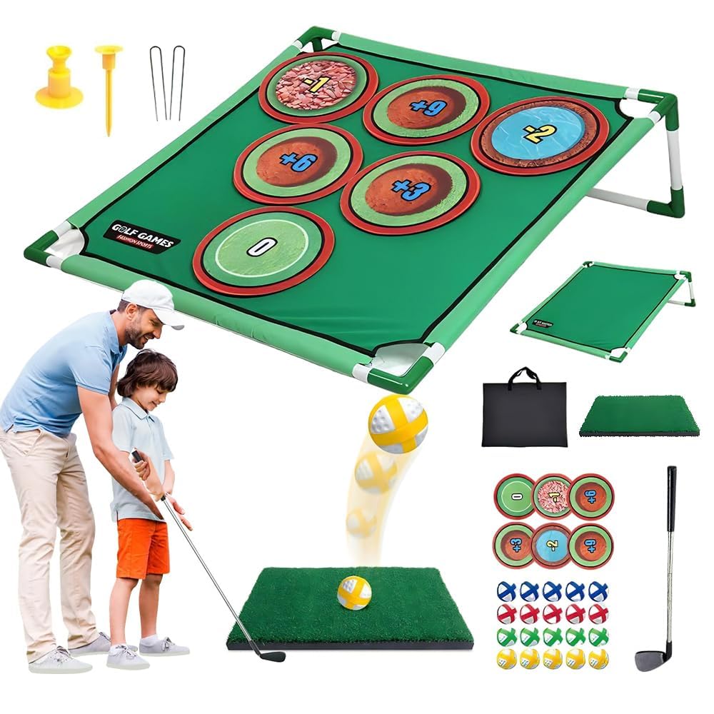 Golf Spielset für Zuhause mit Puttmatte, Klebebällen & Tragetasche – Cornhole-Spiel für Garten, Juge