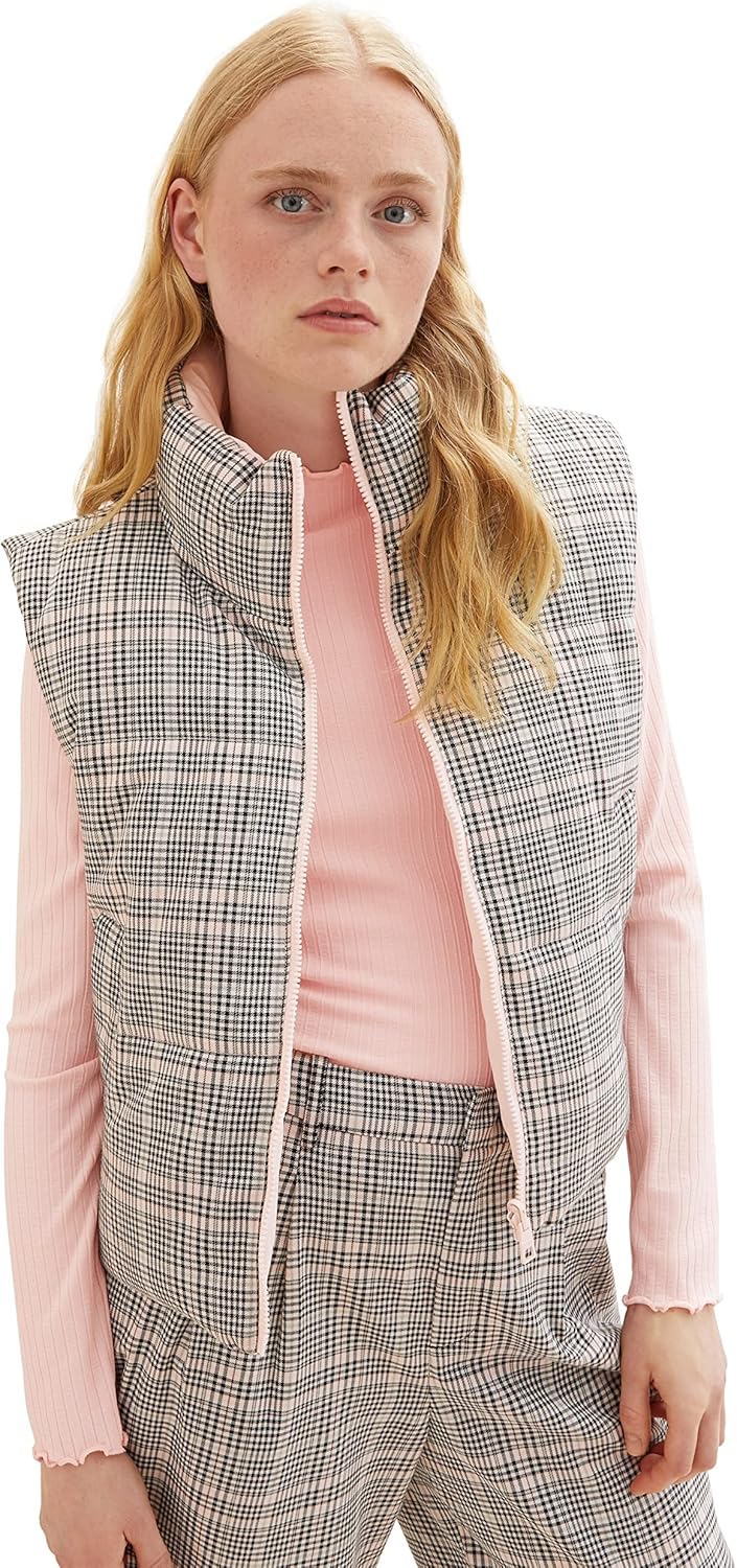 TOM TAILOR Denim Damen Puffer Weste mit Wendefunktion L 32456 - Rose Grey Check, L 32456 - Rose Grey