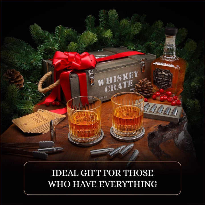 Whisky Geschenkset – Whiskey Gläser, Kugeln Steine und Untersetzer, Eiszange, Holzkiste, Geschichts-