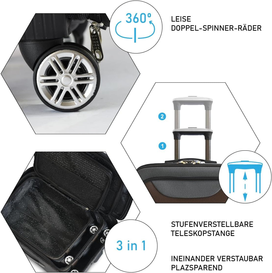 Generisch Kofferset 3-teilig – Trolley Set mit 4 Rollen & Zahlenschloss | Weichschalenkoffer in M/L/
