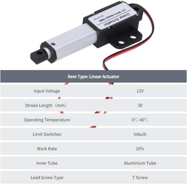 30mm DC 12V Linearaktuator Mini Electric Linear Motion Actuator Kurzschlussschutz T-Typ Schraube(Hub