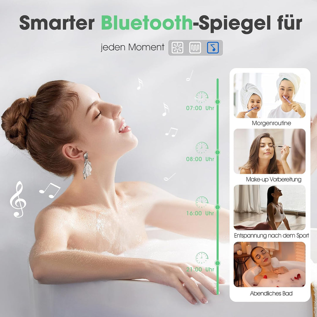 S'bagno Bluetooth Badezimmerspiegel mit Beleuchtung 100x70cm, Badspiegel mit Beleuchtung und 5fach-L