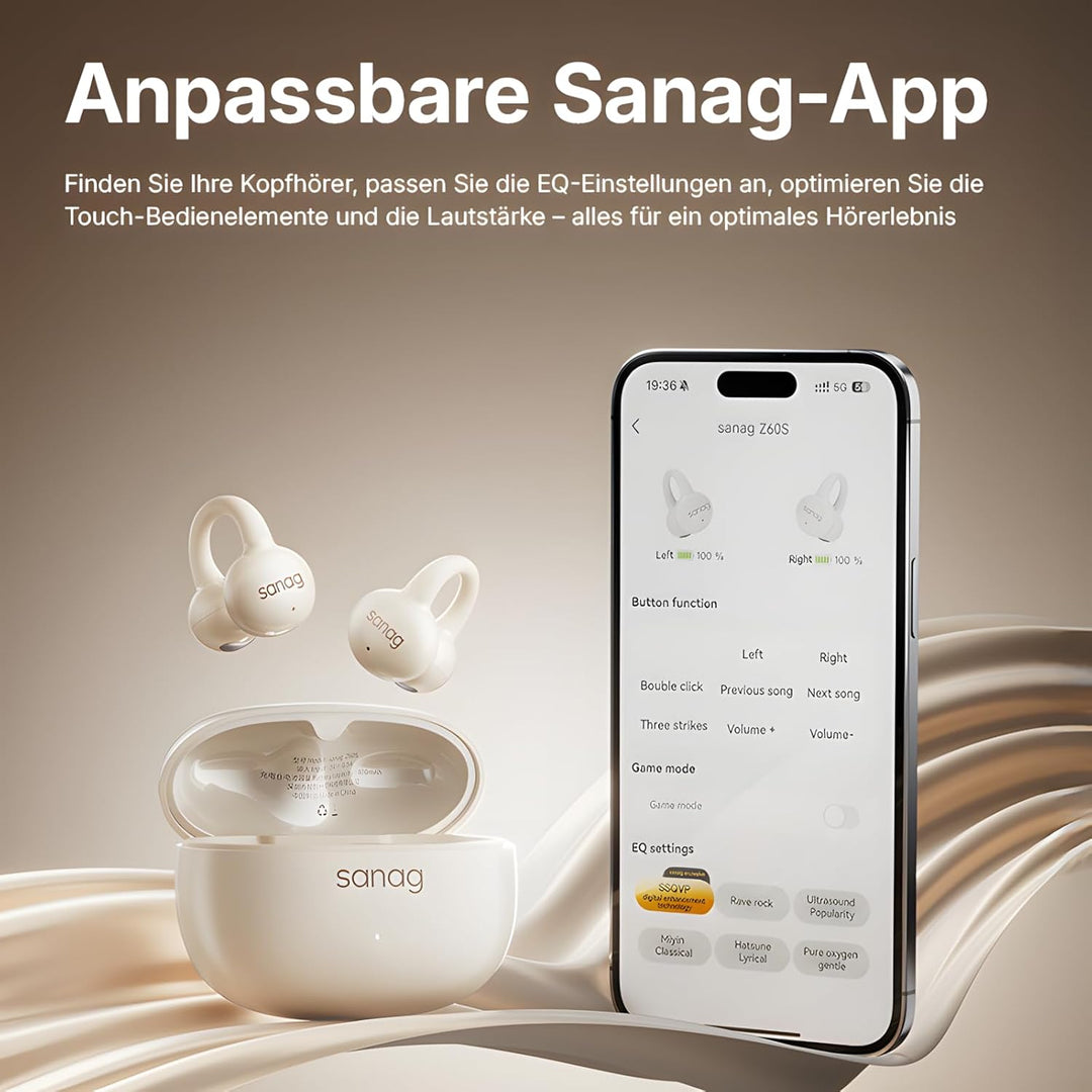SANAG Open Ear Kopfhörer, Bluetooth 5.4 Sport Kopfhörer mit 50 Std. Spielzeit, Clip on Kopfhörer Beq