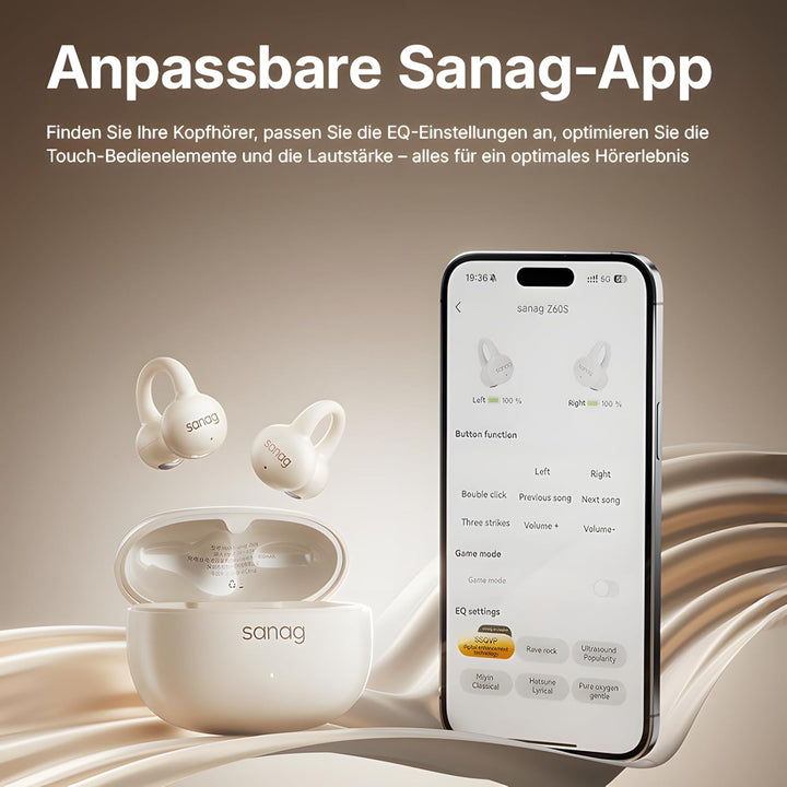 SANAG Open Ear Kopfhörer, Bluetooth 5.4 Sport Kopfhörer mit 50 Std. Spielzeit, Clip on Kopfhörer Beq