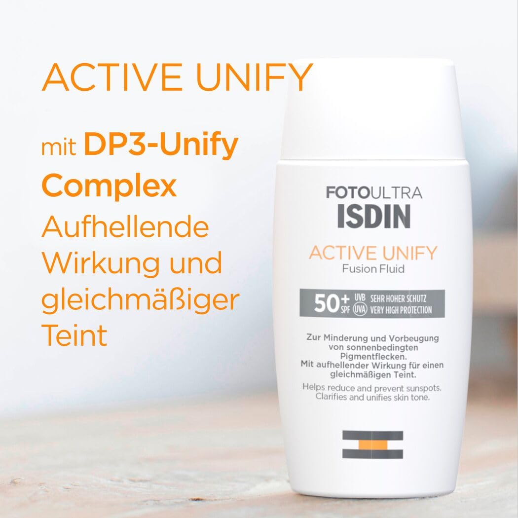 ISDIN FotoUltra Active Unify LSF 50+, Hellt auf und vereinheitlicht den Hautton, Sonnencreme mit dre