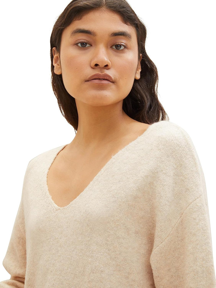 TOM TAILOR Denim Damen Basic Pullover mit V-Ausschnitt S 33803 - Dusty Sand Beige Melange, S 33803 -