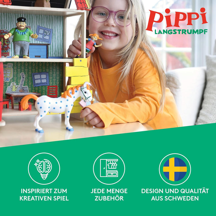 Pippi Langstrumpf Mini Puppenhaus Figuren – Kunststoff Puppenhaus Zubehör Figuren für Mädchen und Ju