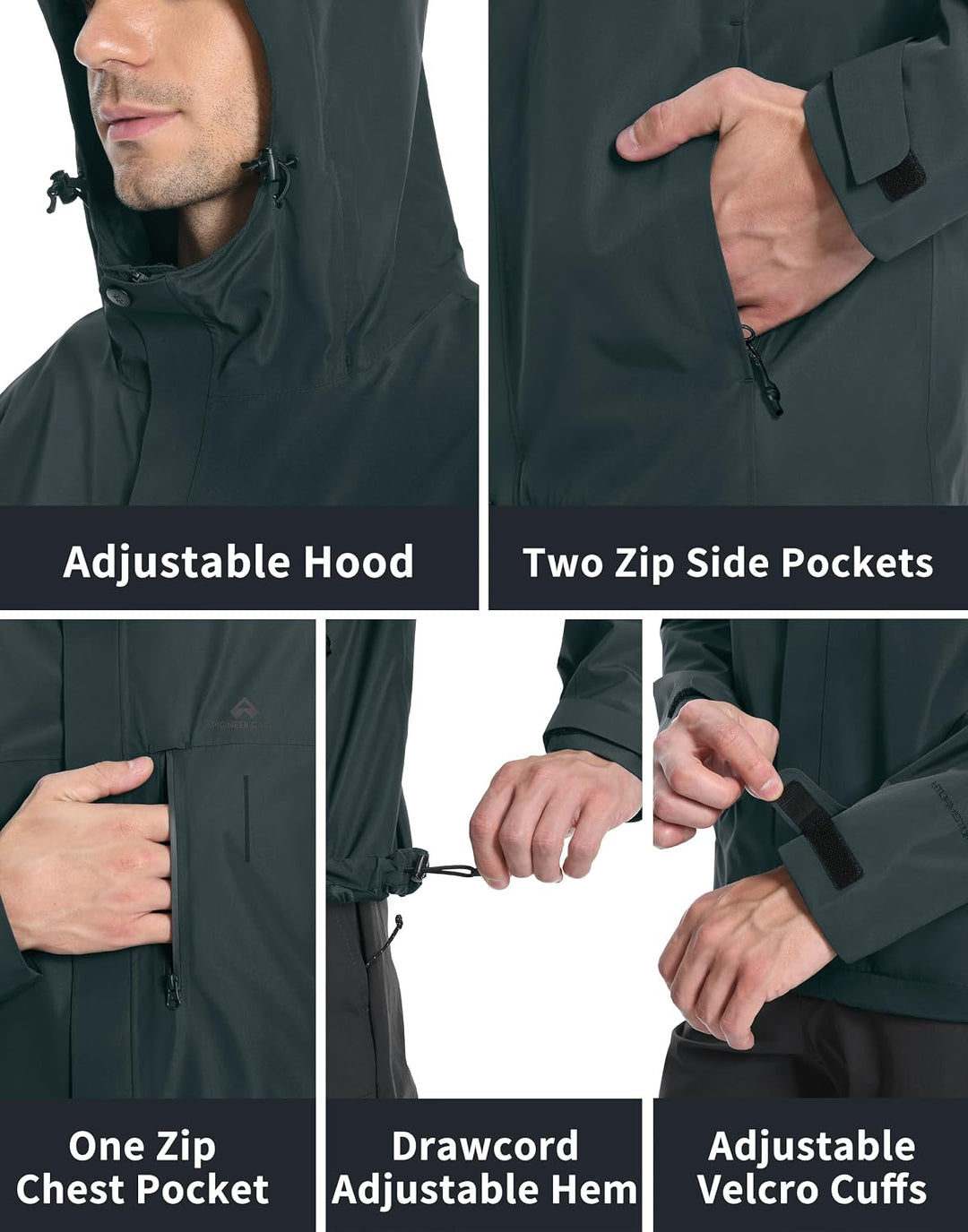 Pioneer Camp Herren Regenjacke Wasserdicht Atmungsaktiv Outdoor Jacke Mit Kapuze 4 Taschen, Grau