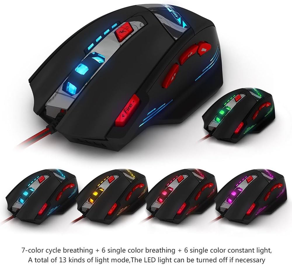 zelotes Kabelgebundene Gaming Maus mit 9200 DPI,8 programmierbarem Tasten,Verstellbarem Gewicht,RGB-