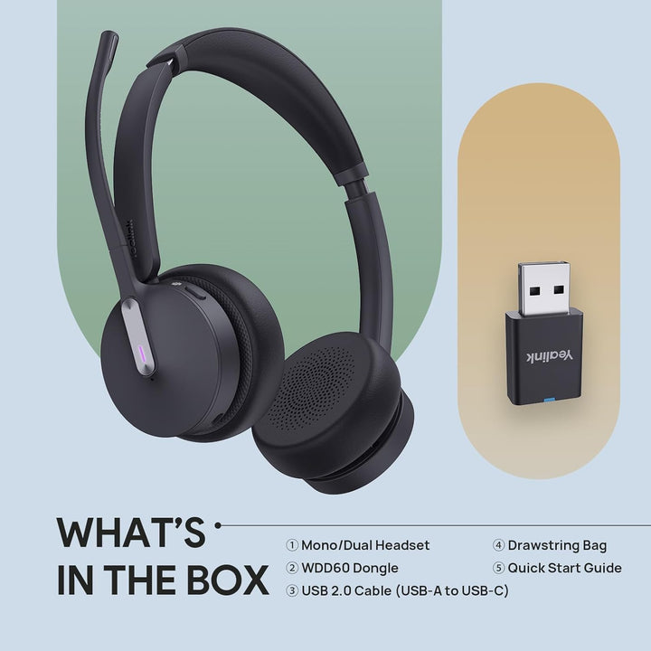 Yealink WH64 Hybrid DECT & Bluetooth Kabelloses Headset mit 3 Mikrofon für die Arbeit mit Dongle, 49