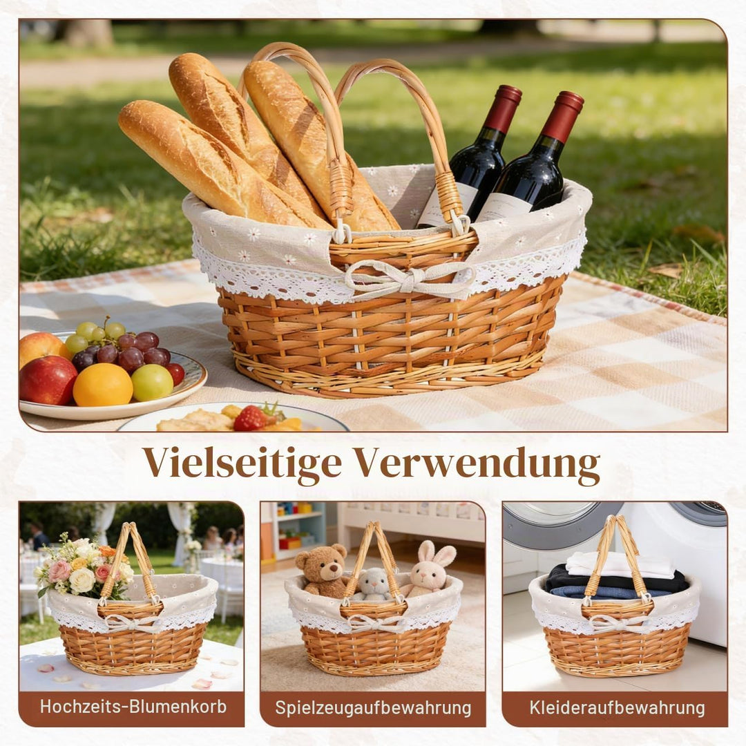 Toyvian Korb mit Griff - Gewebtes Weidenpicknickkorb-Set mit Liner Ovaler Aufbewahrungskorb ohne Inh