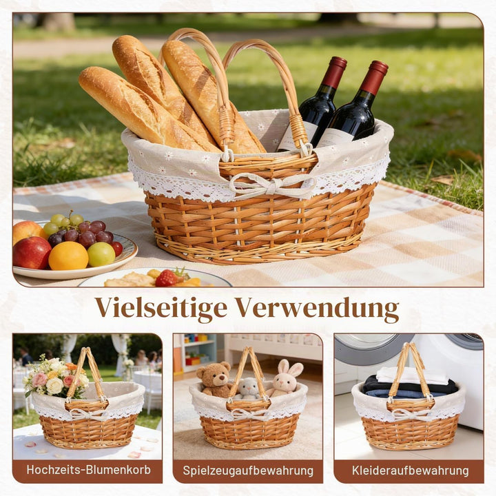 Toyvian Korb mit Griff - Gewebtes Weidenpicknickkorb-Set mit Liner Ovaler Aufbewahrungskorb ohne Inh