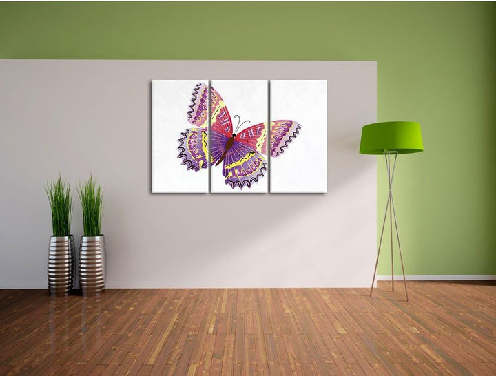 Pixxprint Hübscher Pinker Schmetterling weiss 3-Teiler Leinwandbild 120x80 Bild auf Leinwand