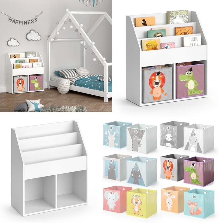 Vicco Kinderregal Luigi, Weiss, 72 x 79 cm mit 2 Faltboxen Opt.3 Weiss 72x79 mit Faltboxen Löwe/Krok