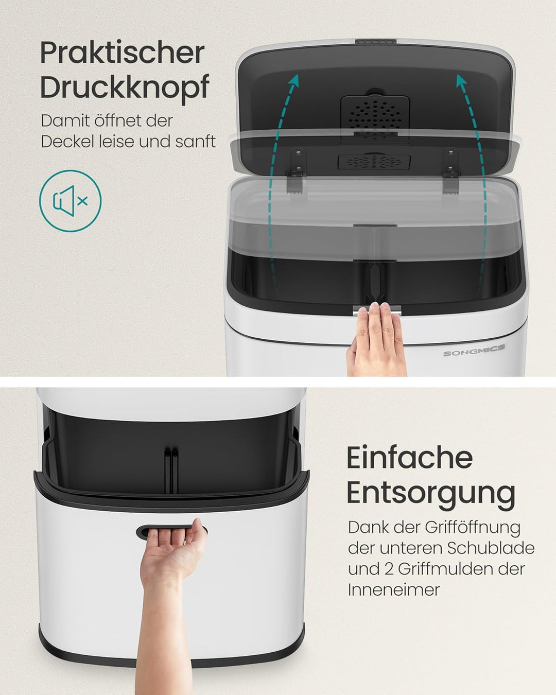 SONGMICS Mülleimer Küche, Mülltrennsystem 3 Fächer, 2 x 10 L und 30 L, Abfalleimer aus Stahl, platzs