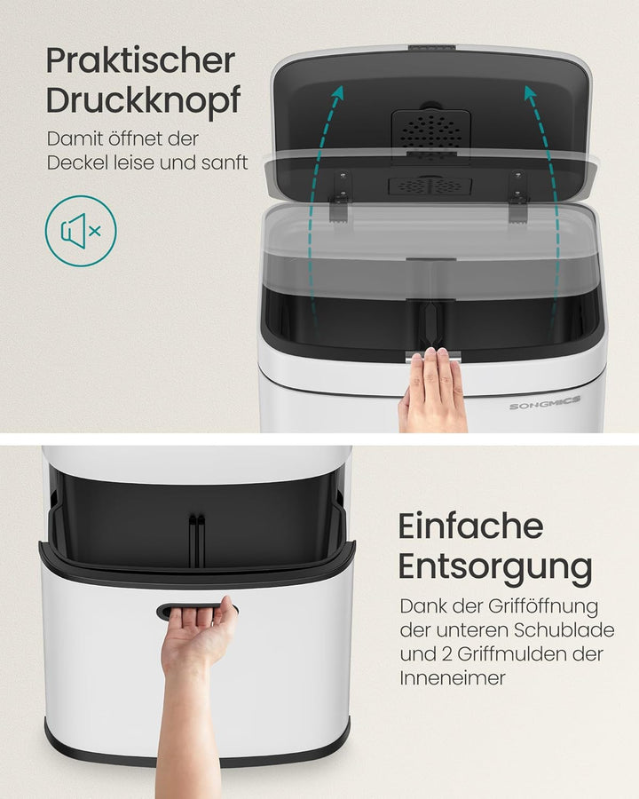 SONGMICS Mülleimer Küche, Mülltrennsystem 3 Fächer, 2 x 10 L und 30 L, Abfalleimer aus Stahl, platzs