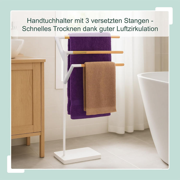 Relaxdays Handtuchständer, HxBxT: 75 x 38,5 x 18 cm, Metall, Bambus, 3 Stangen, Handtuchhalter stehe
