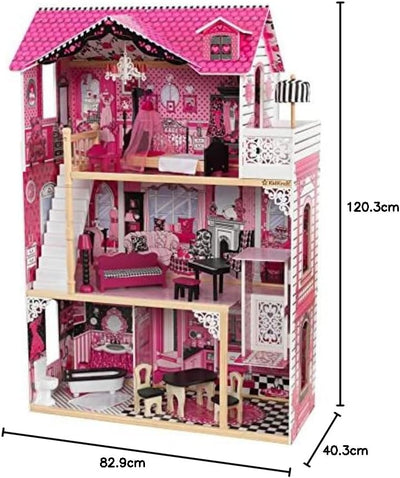 KidKraft Amelia Puppenhaus aus Holz mit Möbeln und Zubehör, Spielset mit Balkon und Aufzug für 30 cm