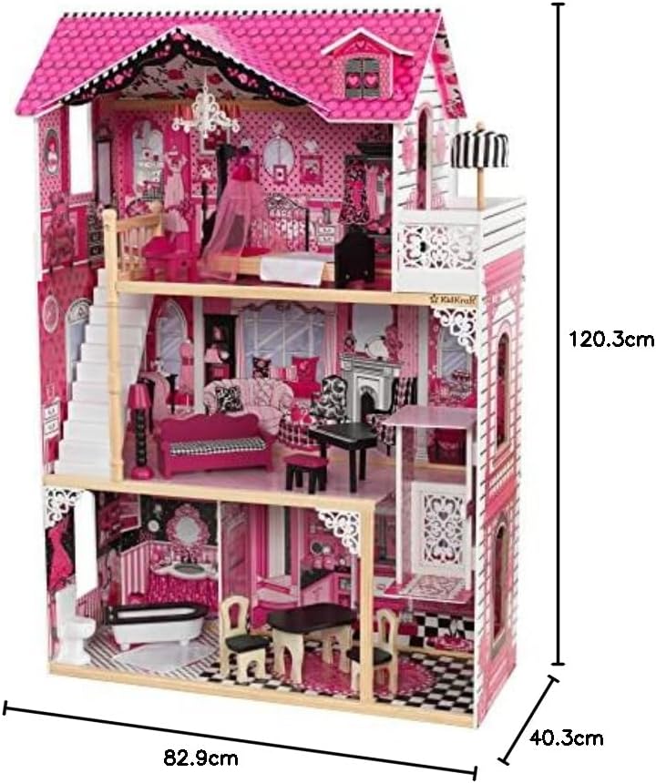 KidKraft Amelia Puppenhaus aus Holz mit Möbeln und Zubehör, Spielset mit Balkon und Aufzug für 30 cm
