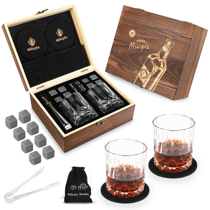 Whisky, Whisky Gläser Set, Whisky Steine Geschenkset, 8 Whiskey Steine & 2 Twisted Whisky Gläser & 2