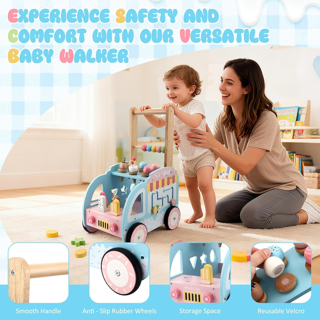 Lauflernwagen Holz, Lauflernwagen im Eiswagen-Thema mit Rädern, Lauflernhilfe Montessori Spielzeug M