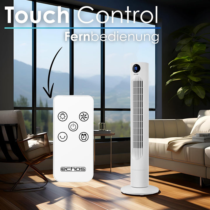 Echos Turmventilator | Ventilator sehr leise | Fernbedienung | Oszillierend | LED-Display | 3 Stufen