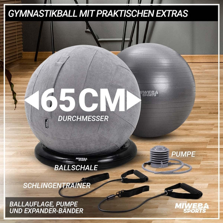 Miweba Sports Gymnastikball | 65 cm ∅ - Traglast 500 kg - Pilates Ball - Pezziball - 4in1 Set inkl B
